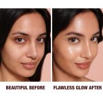 Close-up of a before and after of a medium-tone model wearing smokey brown and black eye makeup with a  glow-boosting primer that blurs her pores and makes skin look flawless.