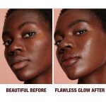 Before and after close-up of a deep-tone model with brown eyes wearing a luminous, glowy primer that blurs her pores and fine lines with black eyeliner and sheer lip gloss.