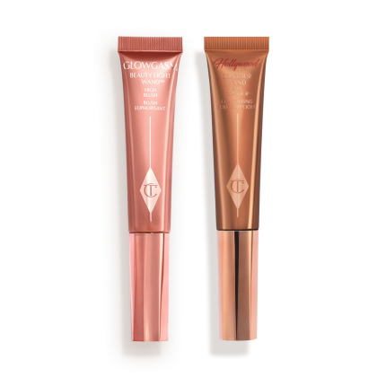 Medium-pink liquid blush wand and glowy brown contour wand.