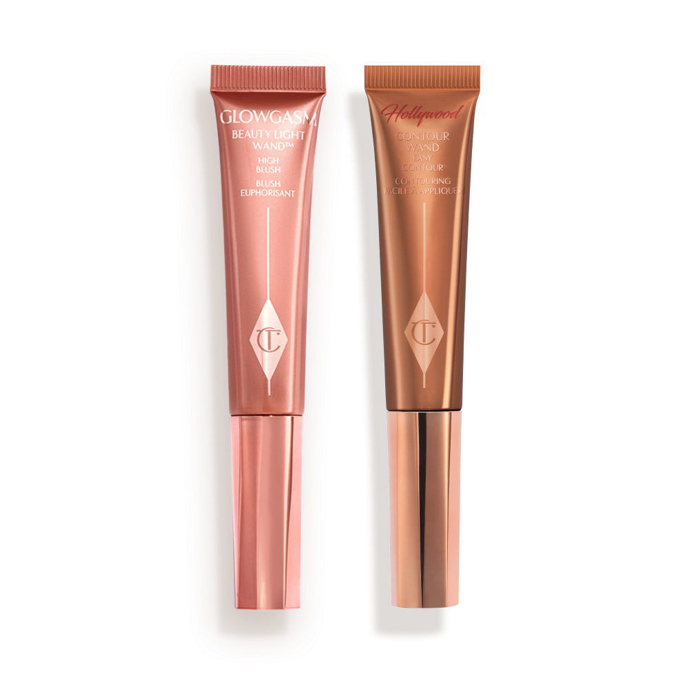HLWDCONTOUR_DUO_-_THE_HOLLYWOOD_CONTOUR_DUO Medium-pink liquid blush wand and glowy brown contour wand.