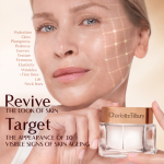 A hand holding a Charlotte Tilbury cream jar against a soft, warm-toned background. Text on the image highlights benefits such as improved hydration, glow, plumpness, firmness, and reduced redness, uneven texture, elasticity loss, wrinkles, and fine lines. Additional text reads: ‘Revive in 28 seconds’ and ‘Reverse 10 visible signs of ageing.