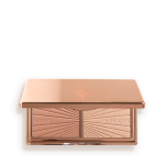 An open, mirrored-lid duo contour palette for light to medium skin tones in sleek rose-gold-coloured packaging.