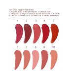 Swatches of ten lipstick in muted shades of pink, beige, red, brown, and purple.