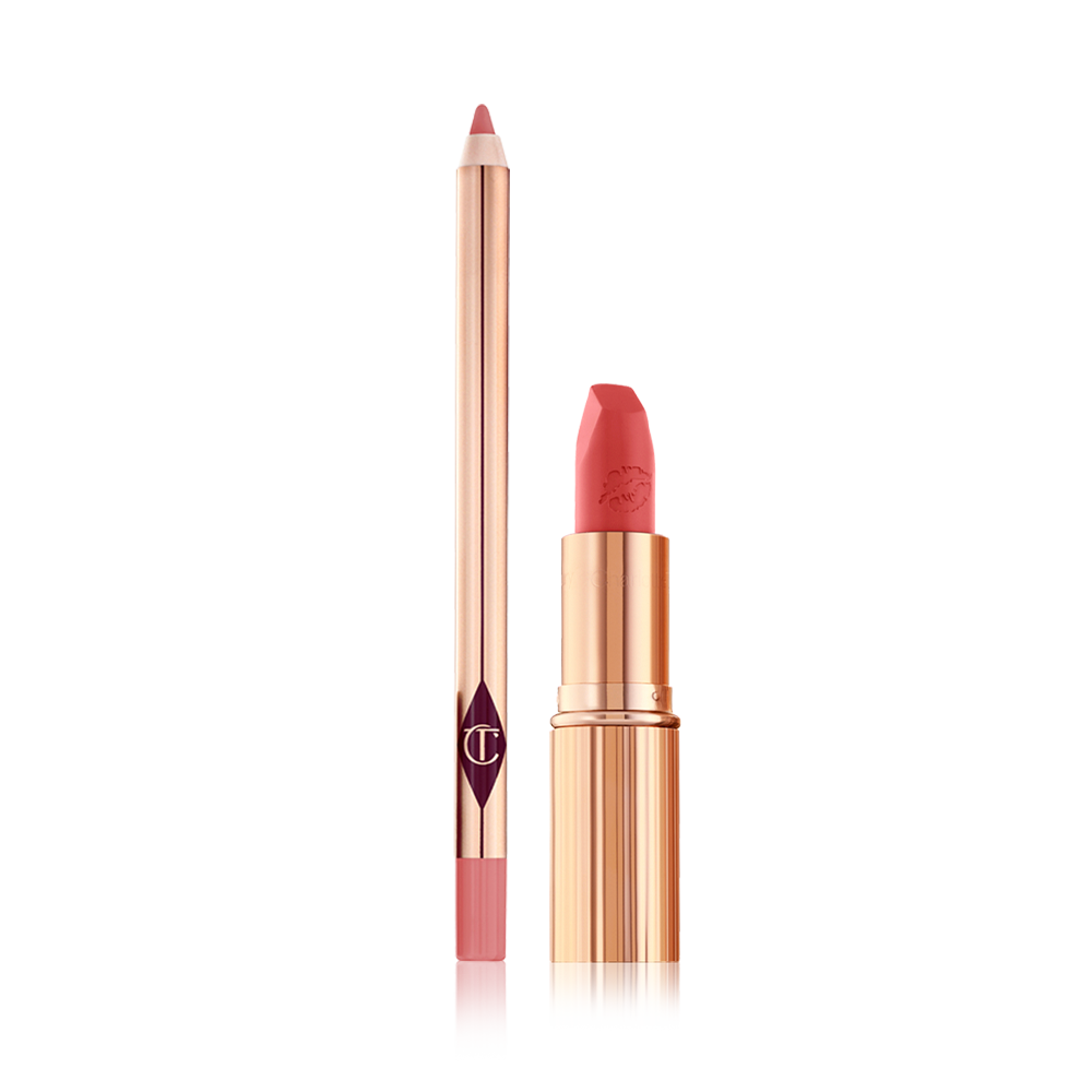 Hot-Lips-Lip-Slick-Packshot An open lip liner pencil in a soft tea pink colour with an open lipstick in a coral-pink shade in a gold-coloured tube.