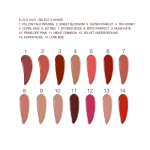 Swatches of fourteen lipsticks with a satin finish in shades of red, brown, orange, pink, and purple.