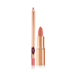 An open lip liner pencil in a peachy-pink shade and an open lipstick in a salmon-pink colour in a gold-coloured tube.