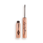 Open, tinted brow gel in a black-brown shade with a thin brush for precision, and a shiny, gold-coloured tube.
