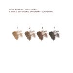 Swatches of four eyebrow gels in shades of taupe, soft brown, dark brown, and black brown.