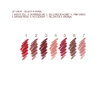 Swatches of seven lip liner pencils in bright red, muted wine, vampy purple-red, nude pink-peach, berry-rose, taupe-brown, and nude pink.