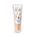 A lip oil in a white coloured tube with reflective geometric patterns on it in silver colour and a rose-gold-coloured lid.