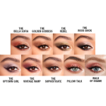 Single-eye close-up of nine different eye looks on brown and blue eyes in shimmery and smokey shades of brown, golden, rose gold, lilac, green, pink, plum, and grey.