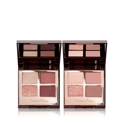 Two mirrored-lid quad eyeshadow palettes with matte and shimmery eyeshadows, one with rose gold and brown shades and the other with pink and brown shades, and both having a bright beige enhancing shade.