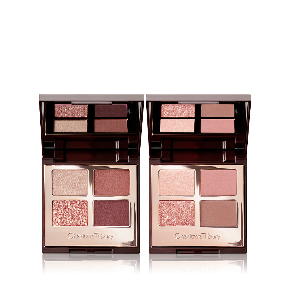 Lux-Pal-Config-Packshot Two mirrored-lid quad eyeshadow palettes with matte and shimmery eyeshadows, one with rose gold and brown shades and the other with pink and brown shades, and both having a bright beige enhancing shade.