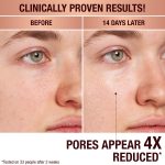 Clinically proven results. Pores appear 4 times reduced. Tested on 33 people after 2 weeks.