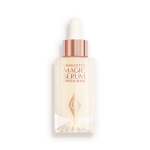 An award-winning, luminous, ivory-coloured serum in a glass bottle with a gold and white-coloured dropper lid.
