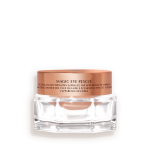 An award-winning, fawn-coloured eye cream in a petite glass jar with a gold-coloured lid.