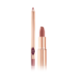 An open lip liner pencil in a muted pink colour with an open matte lipstick in a medium-pink shade.