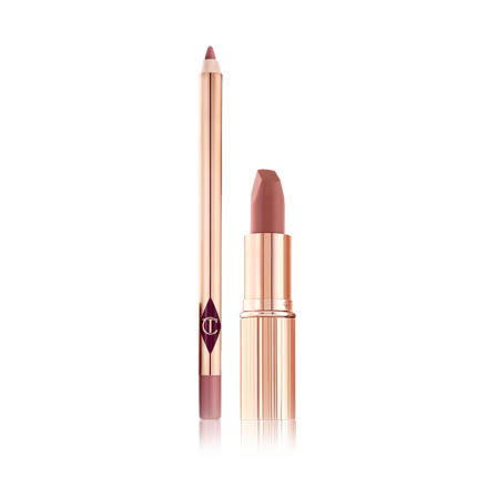 An open lip liner pencil in a muted pink colour with an open matte lipstick in a medium-pink shade.