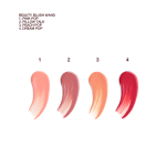 a texture swatch of four liquid blushes in a bright pink, rose pink, peach pink and red pink shades