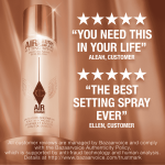 Advertisement for Charlotte Tilbury Airbrush Flawless Setting Spray featuring two 5-star customer reviews