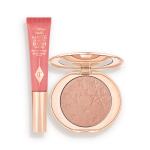 A matte pink liquid blush and powder highlighter