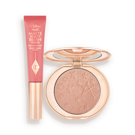 A matte pink liquid blush and powder highlighter