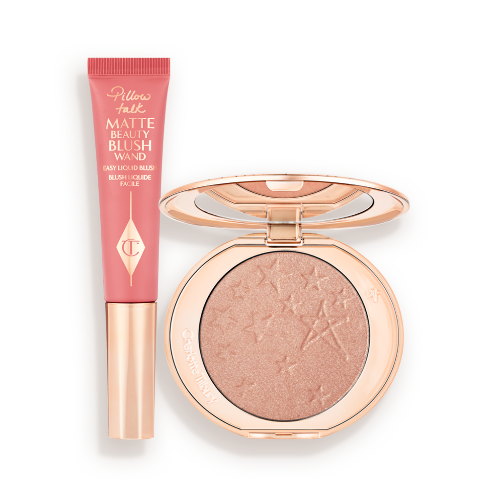PILLOW_TALK_BLUSH___GLOW_GLIDE_DUO A matte pink liquid blush and powder highlighter