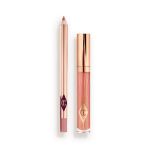A closed, nude-pink lip gloss with a rose gold lid with an open, nude-pink lip liner pencil with a rose gold body.