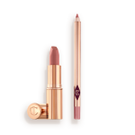 An open nude pink lipstick in a gold-coloured tube and lip liner pencil in a nude pink shade.