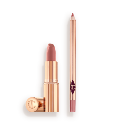 An open nude pink lipstick in a gold-coloured tube and lip liner pencil in a nude pink shade.