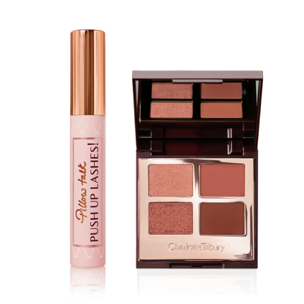 Mascara in pink and gold packaging with a quad eyeshadow palette with matte eyeshadows in shades of brown.