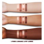 Deep, light, and fair-tone arms with swatches of four eyeshadows in metallic and matte shades of pearlescent rose gold, dusky rose, berry brown and rose-bud pink.