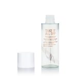 An open, clear bottle with text on it that reads, 'Take it all off' with a white-coloured lid next to it.