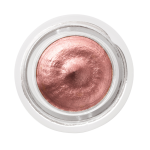 Cream eyeshadow in an open glass pot in a nude pink shade with fine shimmer.