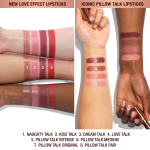 Arm swatches on fair and deep skin models showing Pillow Talk Love Effect Lipsticks and the original Pillow Talk Lipstick shades.