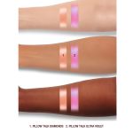 An arm swatch of fair, tan and deep skin arms showing glittery pink and glittery violet eyeshadows.