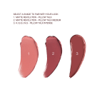 Swatches of three lipsticks, two in matte and one in satin finish, in shades of nude pink, rose-pink, and a deep brown-pink