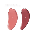 Swatches of two matte lipsticks in a nude-pink and a berry-rose shade.