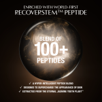 Dark, luxurious background featuring a glowing circular motif behind a central product area. Text at the top reads: ‘Enriched with world-first Recoverstem™ Peptide.’ At the bottom, three check‑marked statements highlight key benefits: ‘A hyper‑intelligent peptide blend,’ ‘Designed to supercharge the visible signs of skin recovery,’ and ‘Extracted from the stem cells of the Eternal Jasmine Youth Plant™.