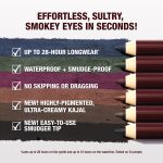 Key traits of the new product. These include: UP TO 28-HOUR LONGWEAR*, WATERPROOF + SMUDGE-PROOF, NO, SKIPPING OR DRAGGING, NEW! HIGHLY-PIGMENTED, ULTRA-CREAMY KAJAL and NEW! EASY-TO-USE SMUDGER TIP