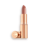 two lipsticks, with and without lid, in soft rosy peach shade with a satin finish in sleek gold-coloured packaging.