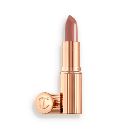 two lipsticks, with and without lid, in soft rosy peach shade with a satin finish in sleek gold-coloured packaging.