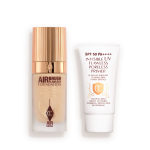 A primer with SPF in a white coloured-tube with foundation in a frosted glass bottle with a gold-colorued lid.