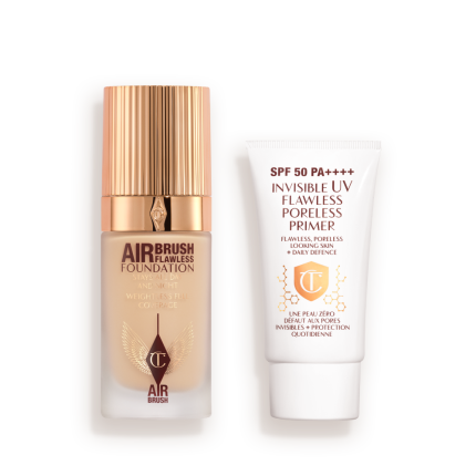 A primer with SPF in a white coloured-tube with foundation in a frosted glass bottle with a gold-colorued lid.
