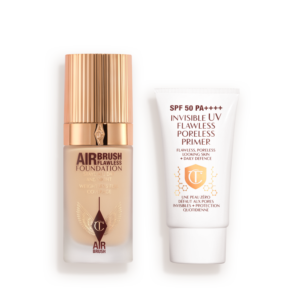 SPF50_AIRBRUSH_COMPLEXION_DUO__1_ A primer with SPF in a white coloured-tube with foundation in a frosted glass bottle with a gold-colorued lid.