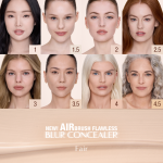 Charlotte Tilbury Airbrush Flawless Blur Concealer shade chart for Fair tones, showing eight shades labeled 1, 1.5, 2, 2.5, 3, 3.5, 4, and 4.5 with product name and fair category text.