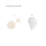 Swatches of a pearly-white facial serum and a luminous white face cream.