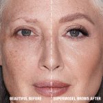 Before and after of a fair-tone model with grey eyes and mature skin with bare brows on one side and thick, filled, and lined eyebrows on the other side after applying a taupe-coloured eyebrow pencil.