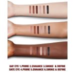 Fair, tan, and deep-tone arms with swatches of six nude matte eyeshadows in shades of brown, pink, and black.