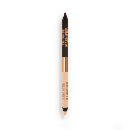 An open, double-ended eyeliner pencil in black and nude beige shades.